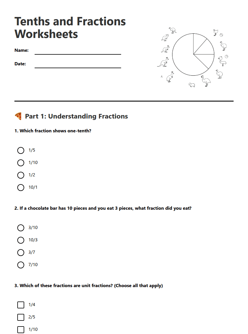 Tenths and Fractions Worksheets worksheet preview