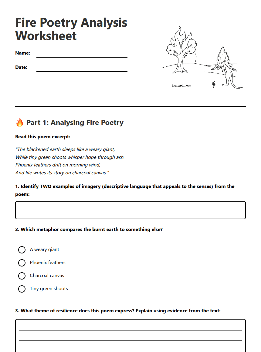 Fire Poetry Analysis Worksheet worksheet preview
