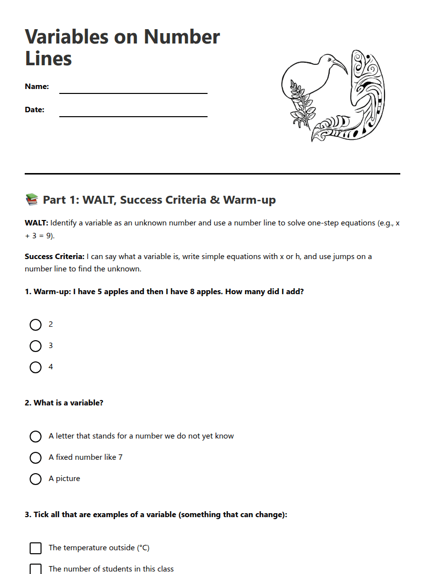 Variables on Number Lines worksheet preview