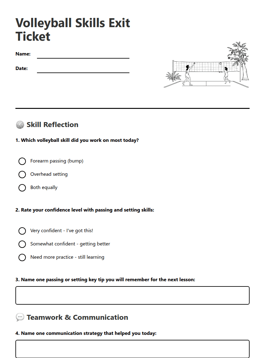 Volleyball Skills Exit Ticket worksheet preview