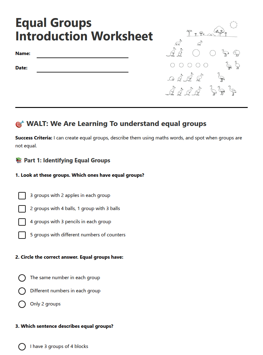 Equal Groups Introduction Worksheet worksheet preview
