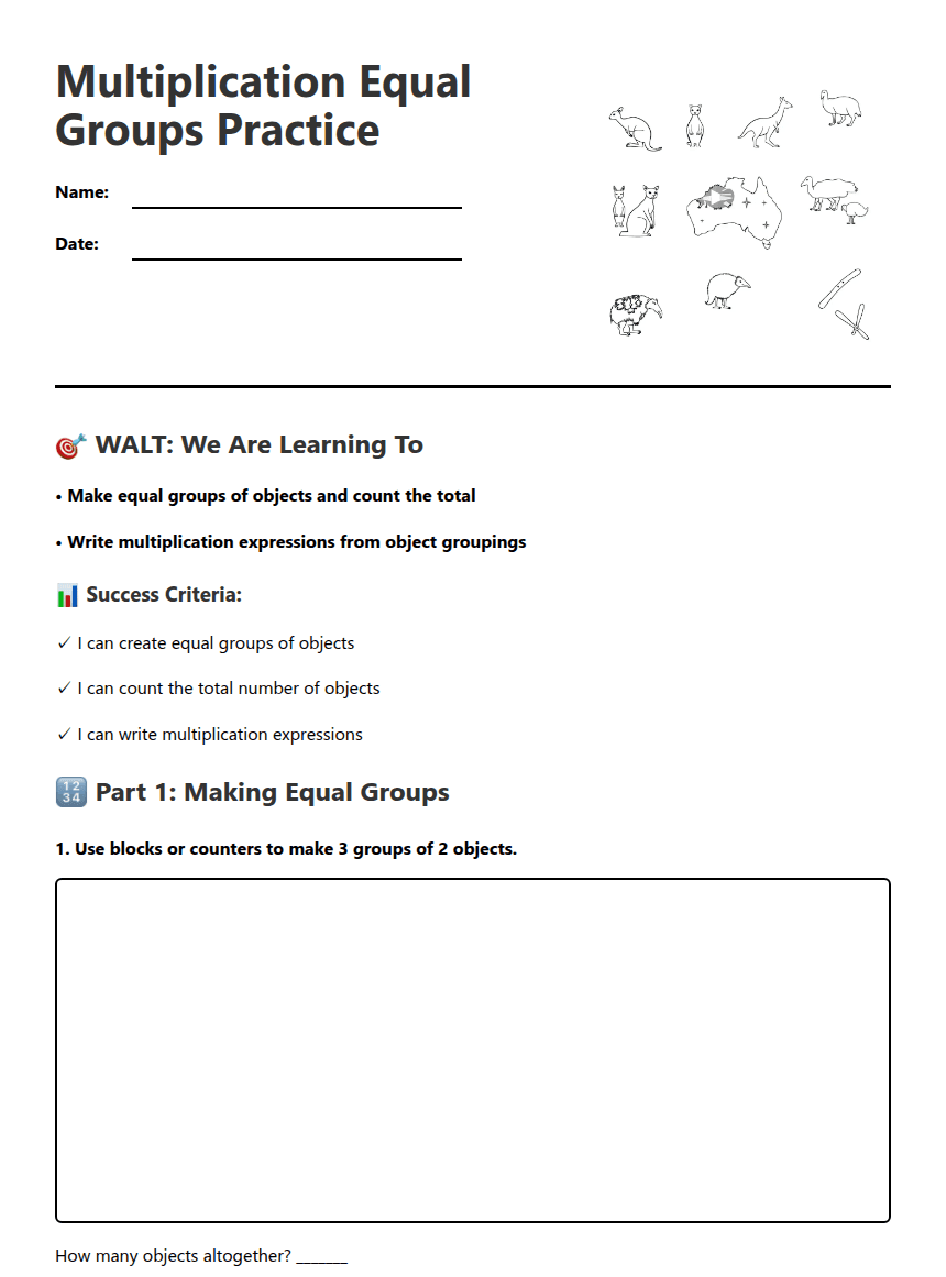 Multiplication Equal Groups Practice worksheet preview