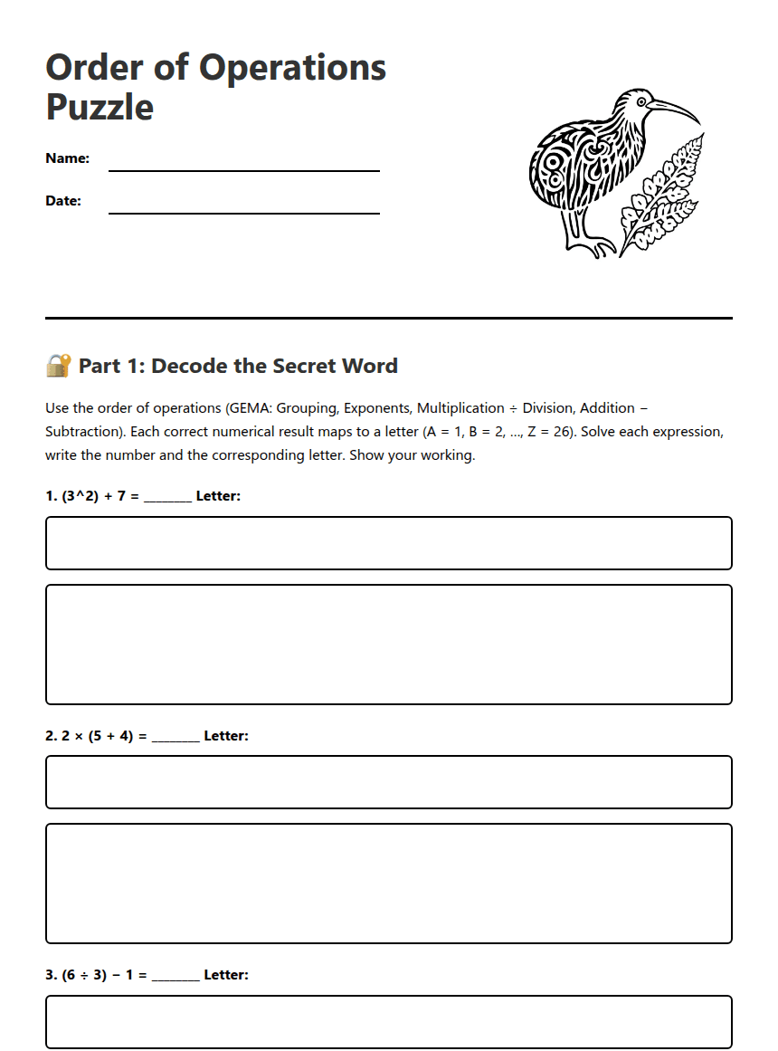 Order of Operations Puzzle worksheet preview
