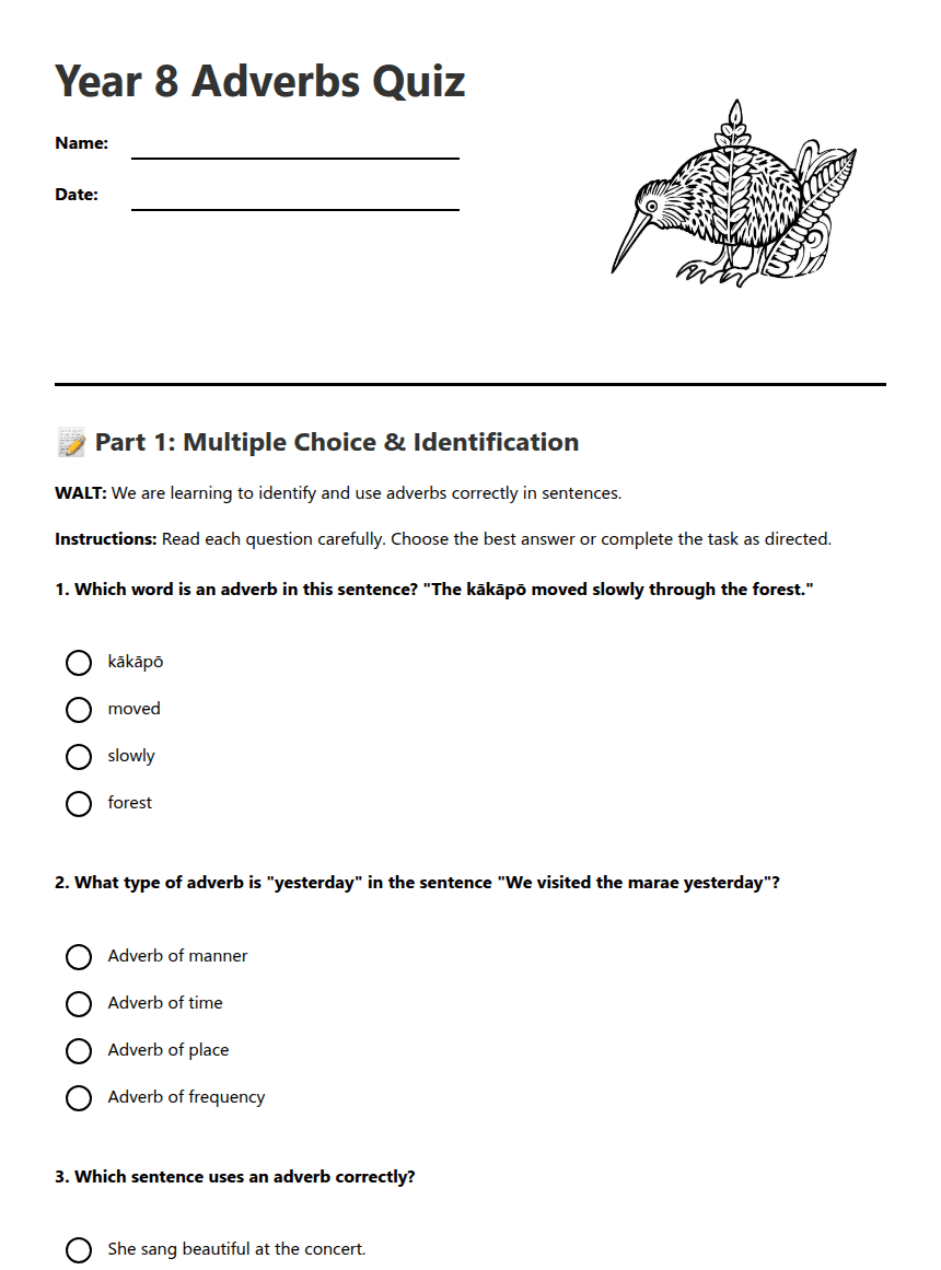 Year 8 Adverbs Quiz worksheet preview