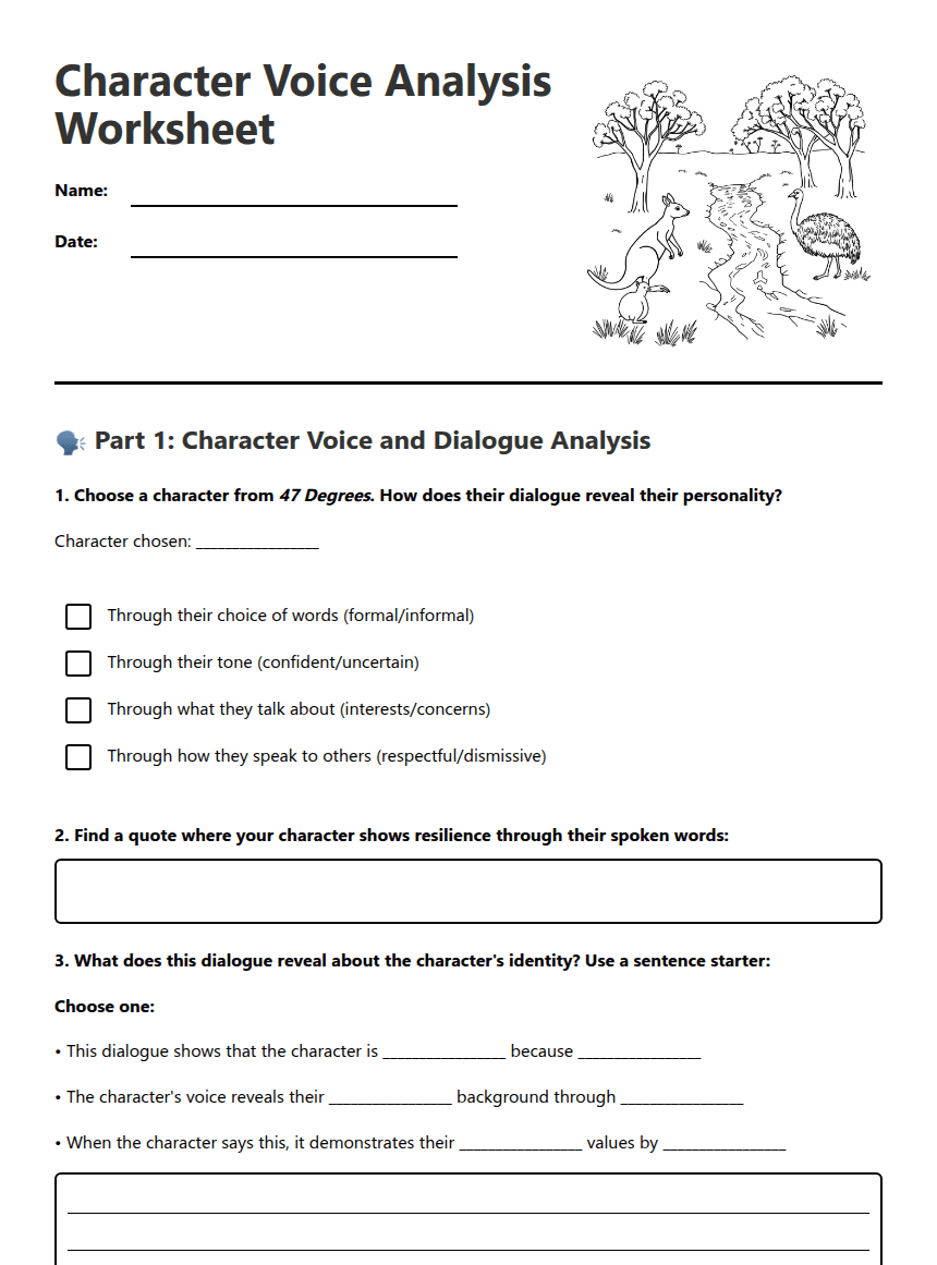 Character Voice Analysis Worksheet worksheet preview