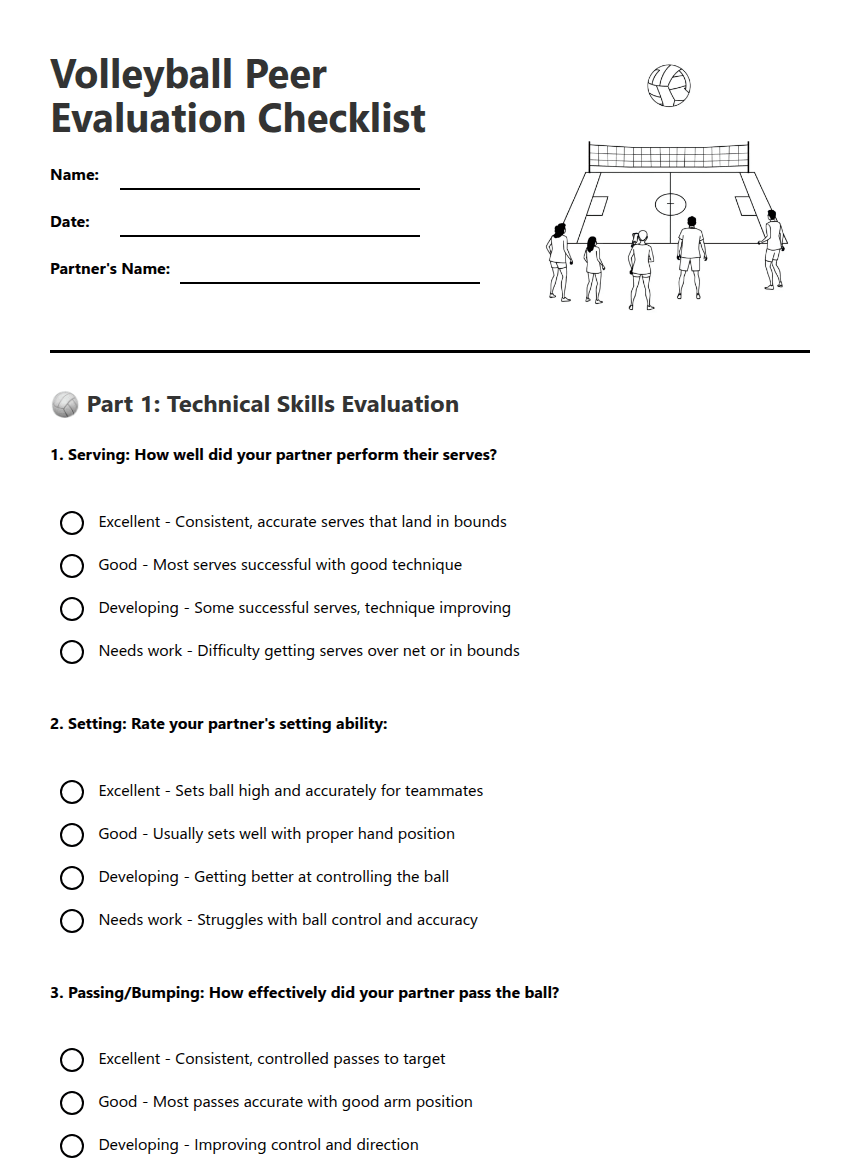Volleyball Peer Evaluation Checklist worksheet preview