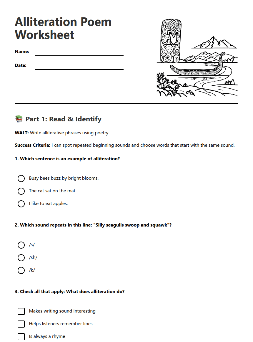 Alliteration Poem Worksheet worksheet preview