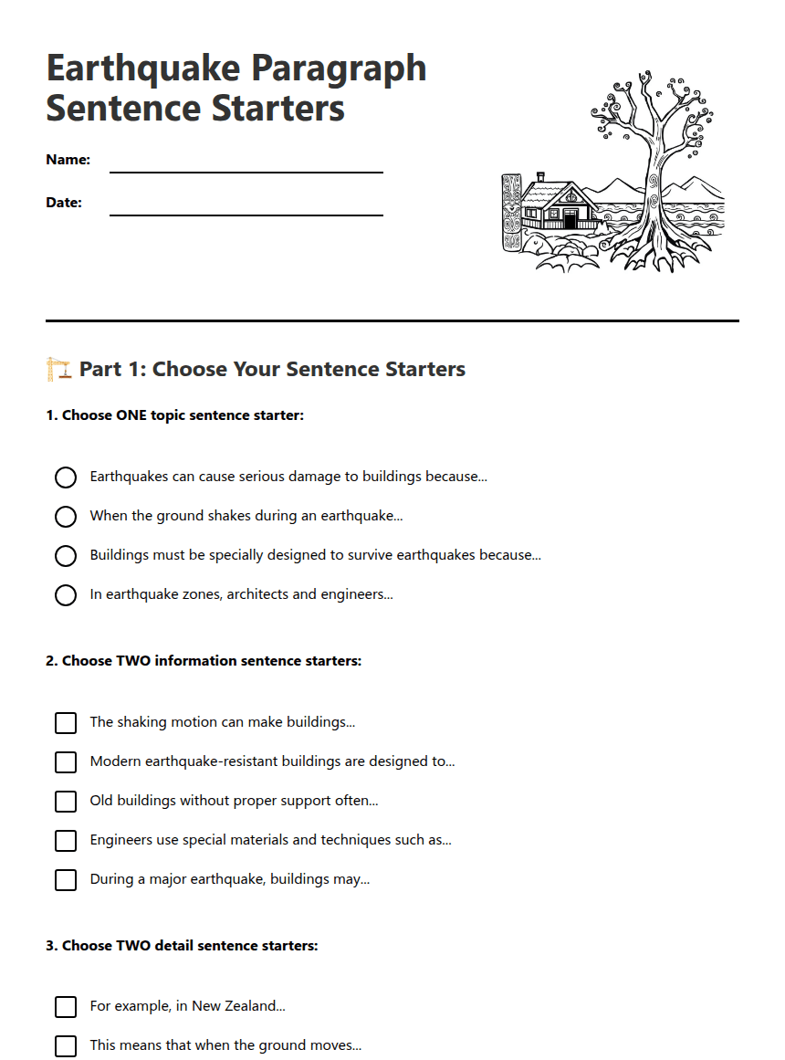 Earthquake Paragraph Sentence Starters worksheet preview