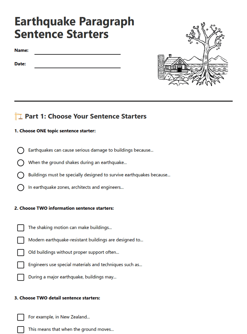 Earthquake Paragraph Sentence Starters