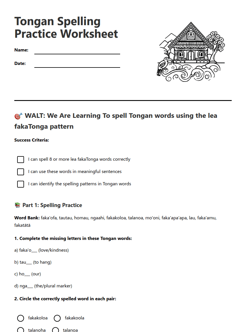 Tongan Spelling Practice Worksheet worksheet preview