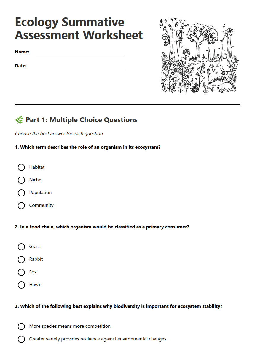 Ecology Summative Assessment Worksheet worksheet preview