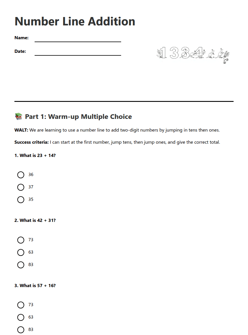 Number Line Addition worksheet preview
