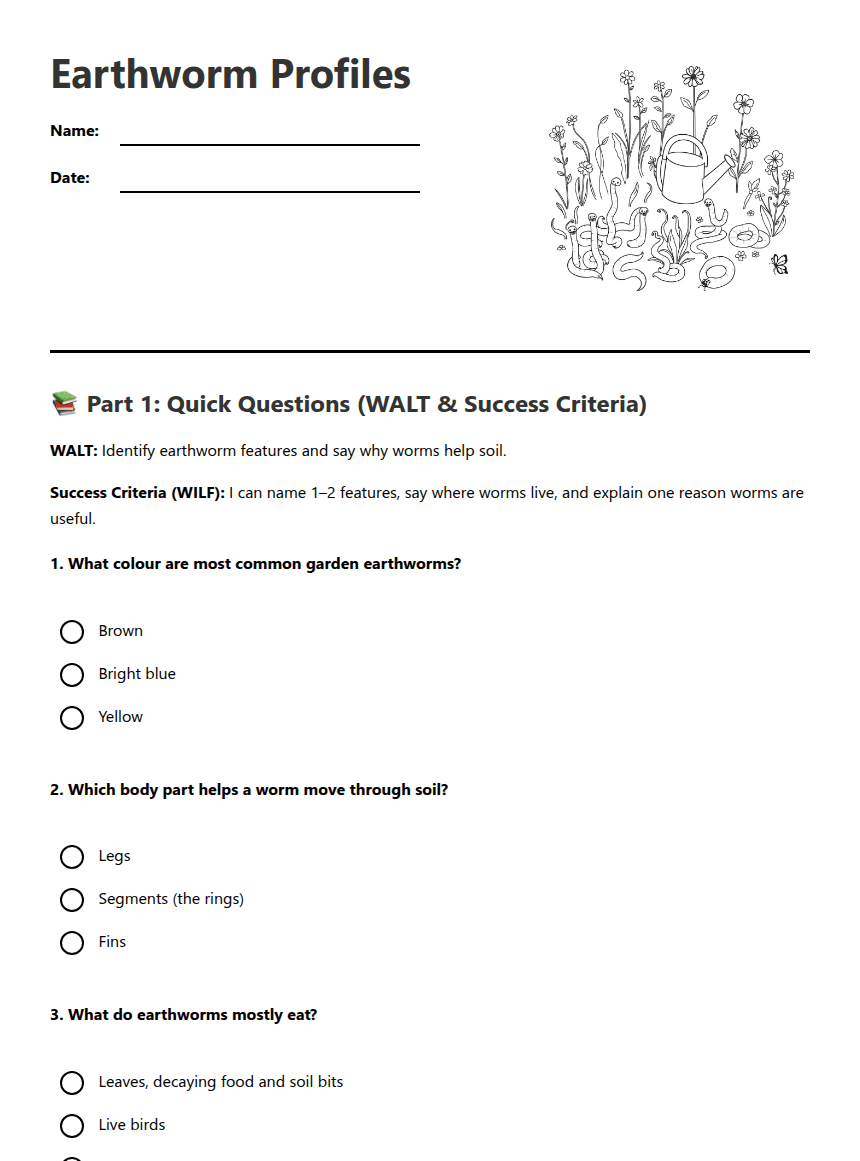 Earthworm Profiles worksheet preview
