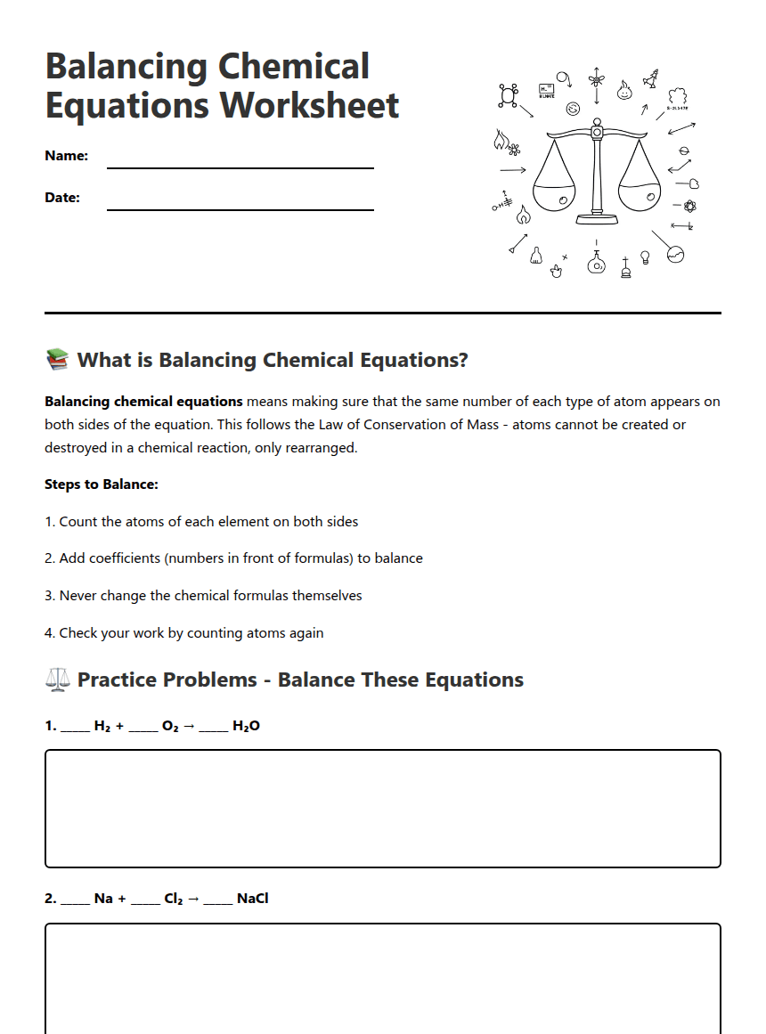 Balancing Chemical Equations Worksheet worksheet preview