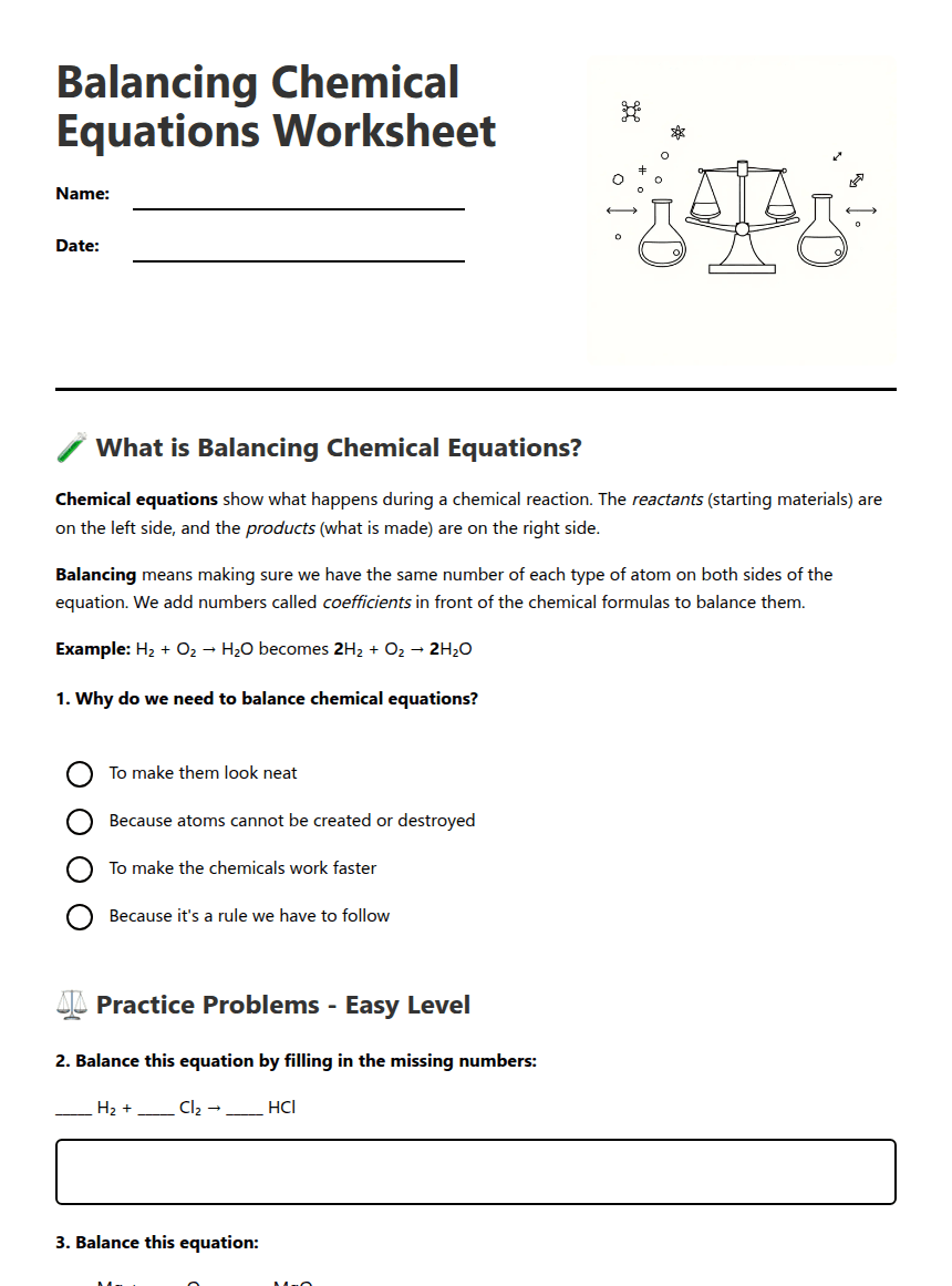 Balancing Chemical Equations Worksheet worksheet preview
