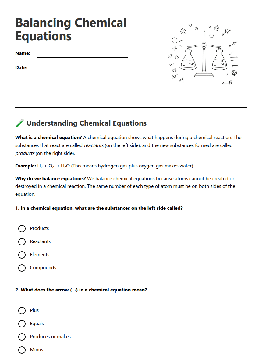 Balancing Chemical Equations worksheet preview