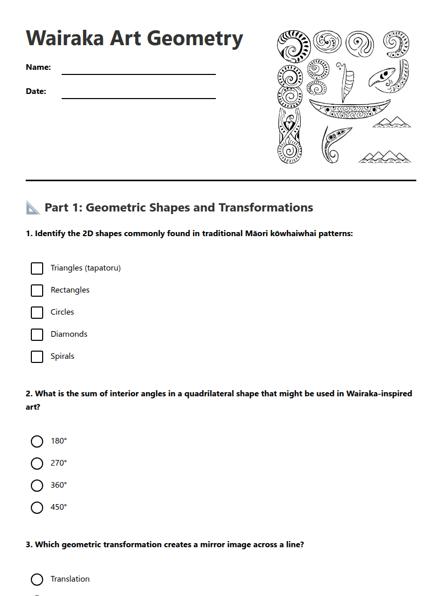 Wairaka Art Geometry worksheet preview