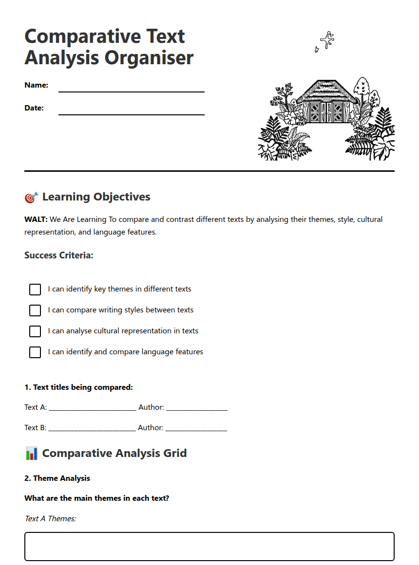 Comparative Text Analysis Organiser worksheet preview