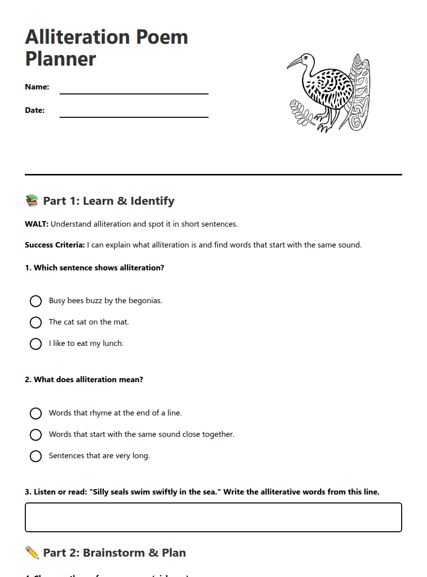 Alliteration Poem Planner worksheet preview