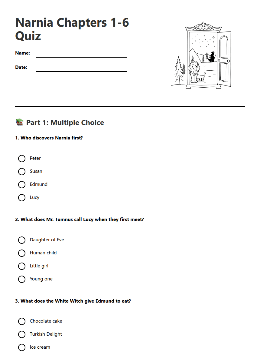 Narnia Chapters 1-6 Quiz worksheet preview