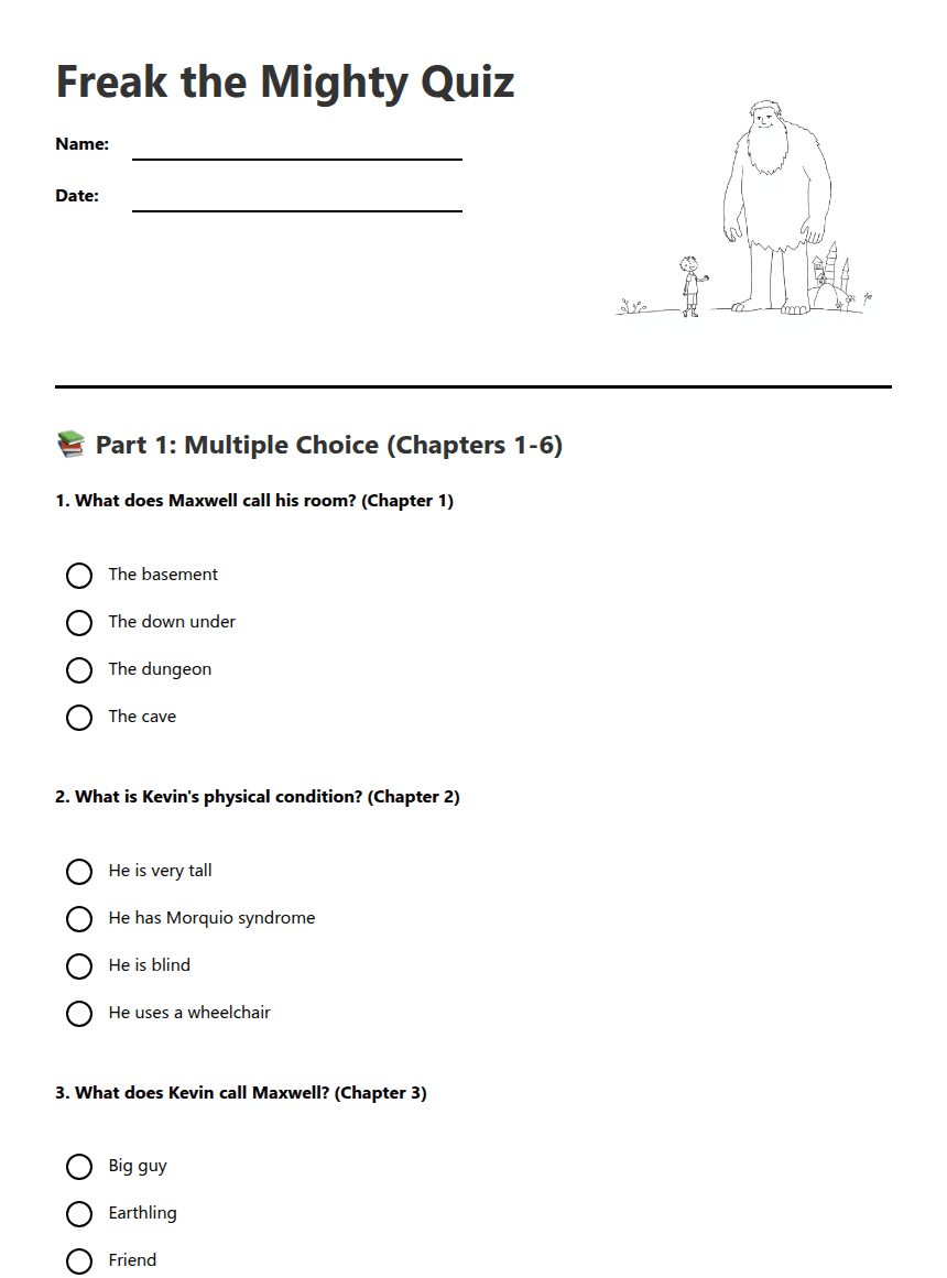 Freak the Mighty Quiz worksheet preview