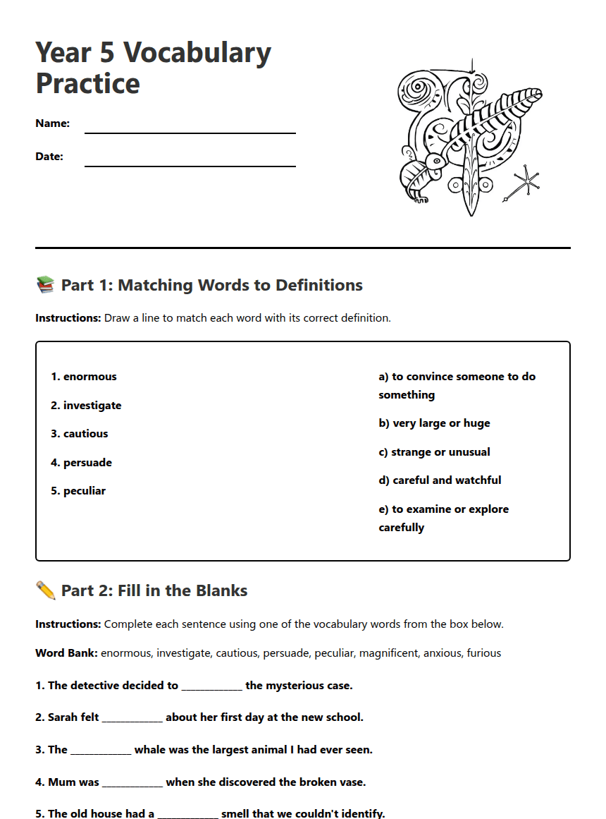 Year 5 Vocabulary Practice worksheet preview