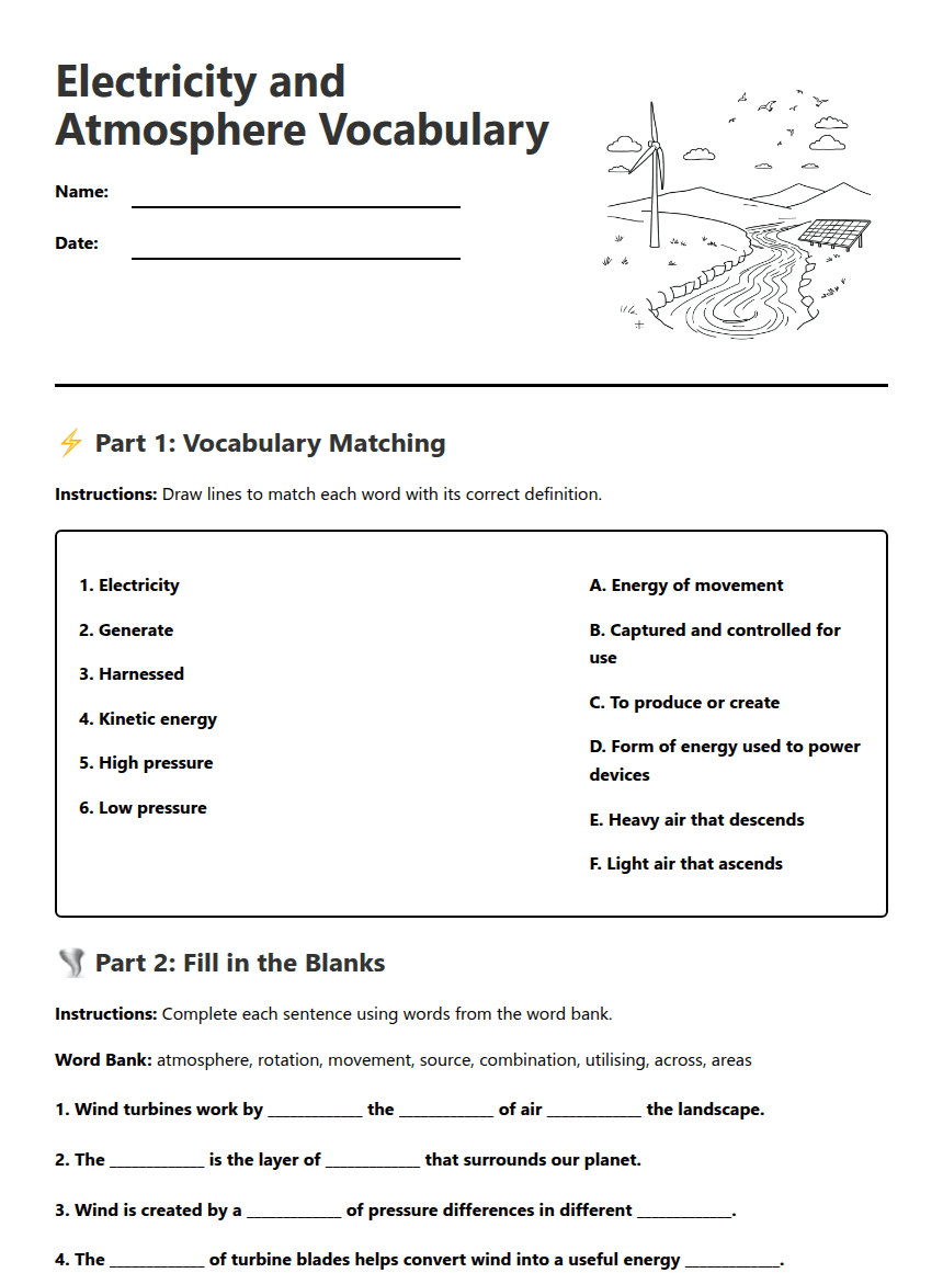 Electricity and Atmosphere Vocabulary worksheet preview