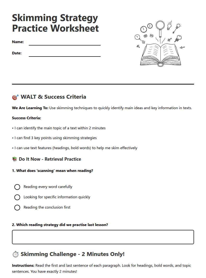 Skimming Strategy Practice Worksheet worksheet preview