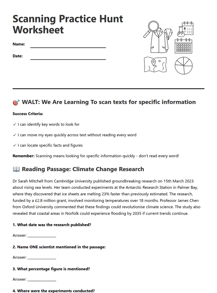 Scanning Practice Hunt Worksheet