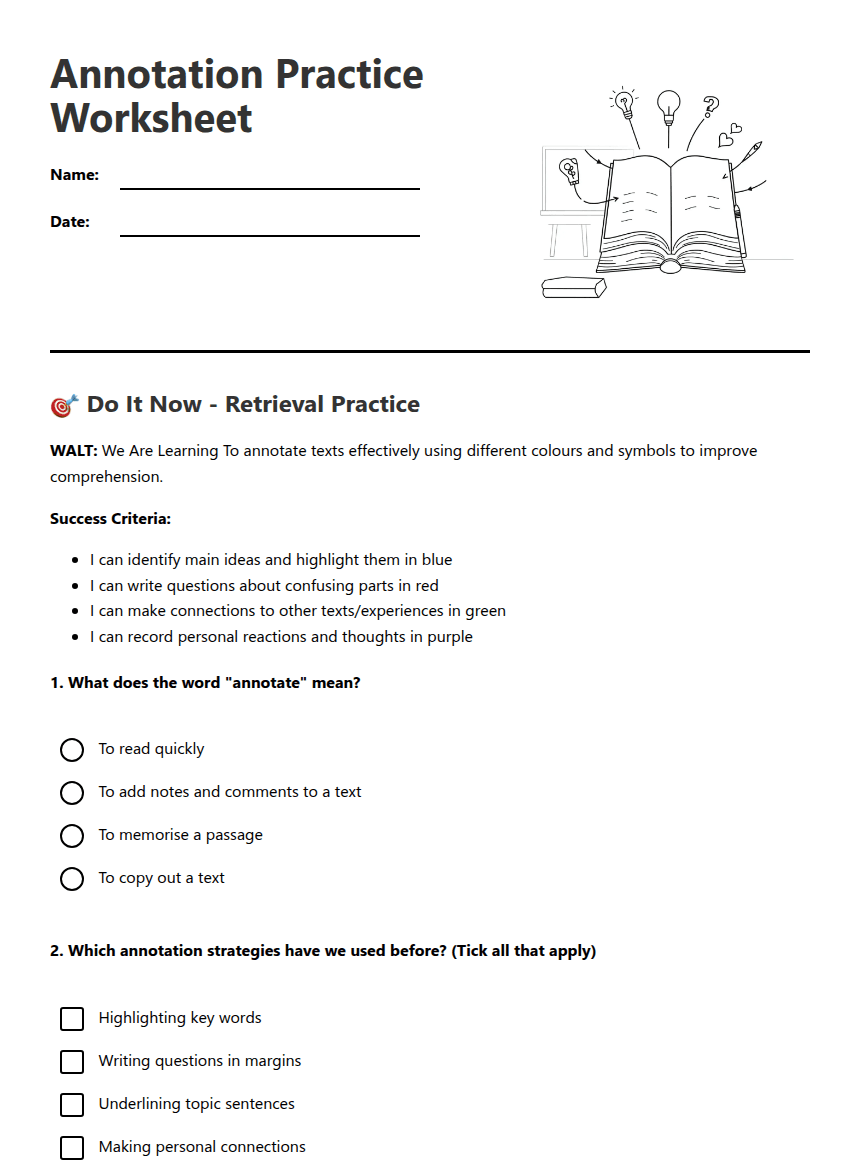 Annotation Practice Worksheet worksheet preview