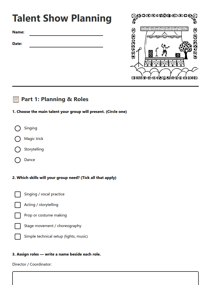 Talent Show Planning worksheet preview