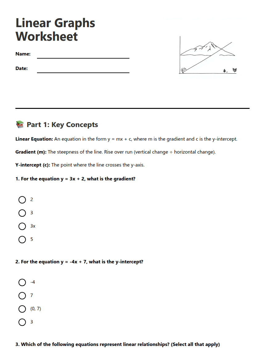 Linear Graphs Worksheet worksheet preview