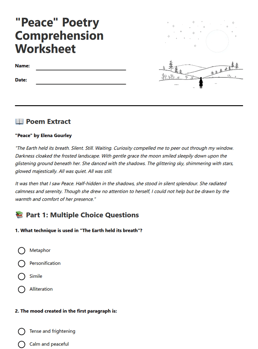 "Peace" Poetry Comprehension Worksheet
