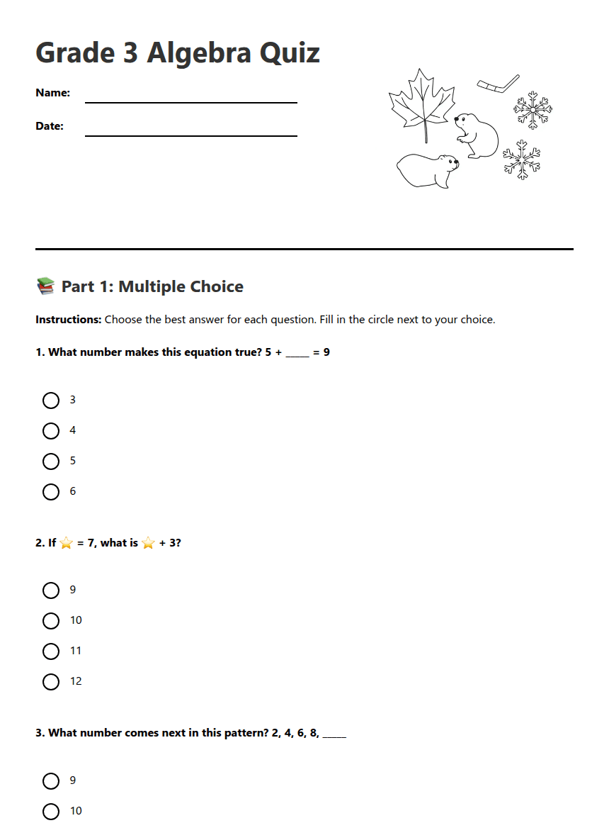 Grade 3 Algebra Quiz worksheet preview