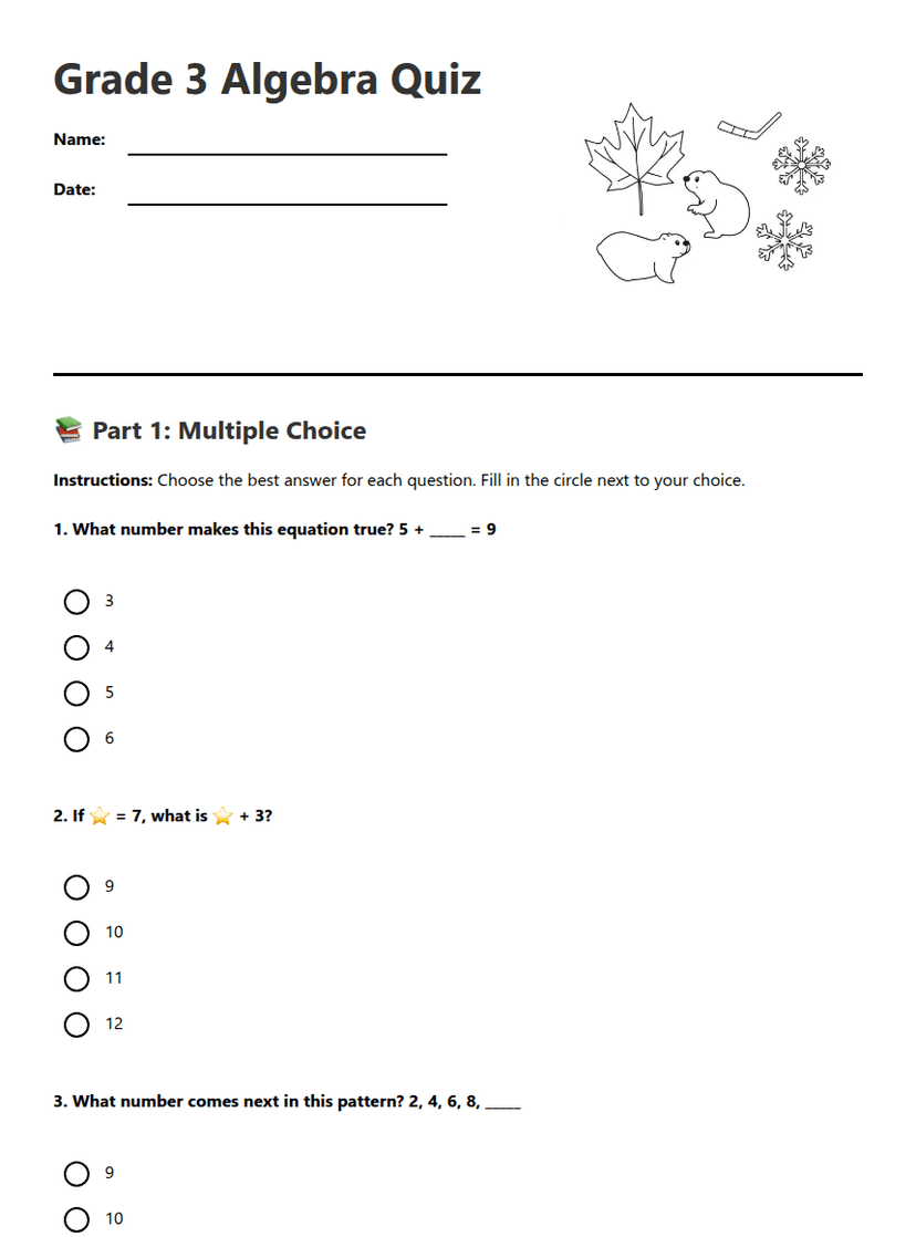 Grade 3 Algebra Quiz