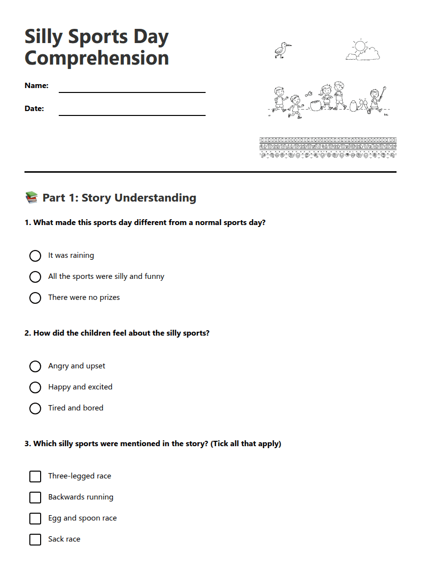 Silly Sports Day Comprehension worksheet preview