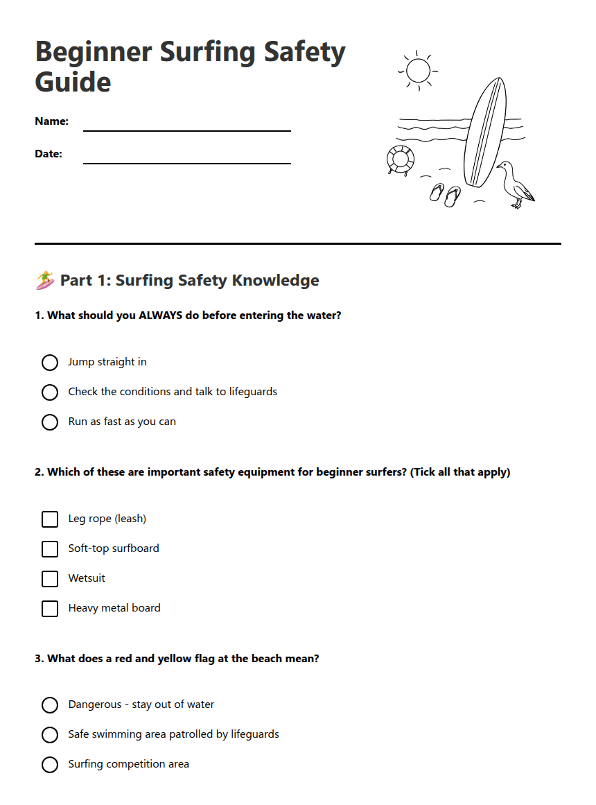 Beginner Surfing Safety Guide worksheet preview