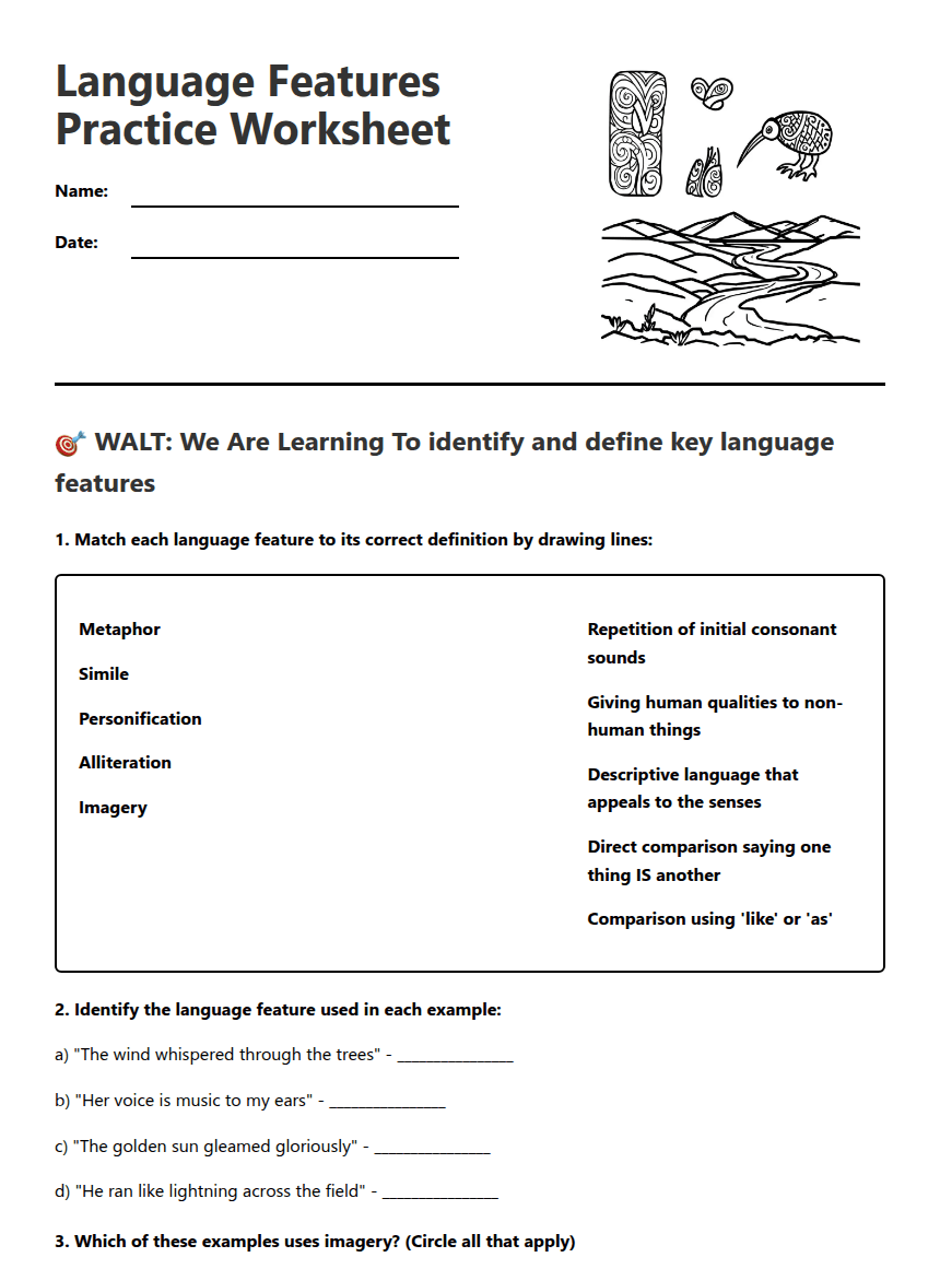 Language Features Practice Worksheet worksheet preview