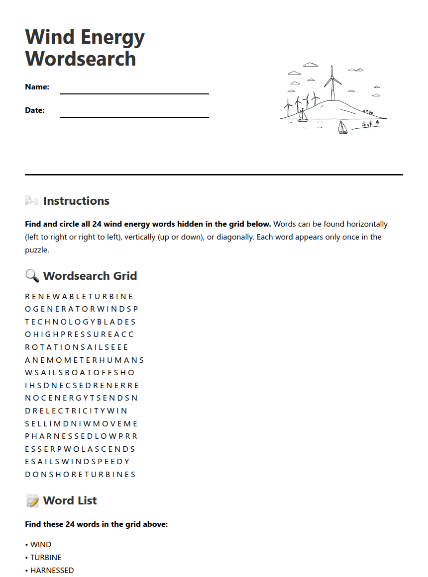 Wind Energy Wordsearch worksheet preview