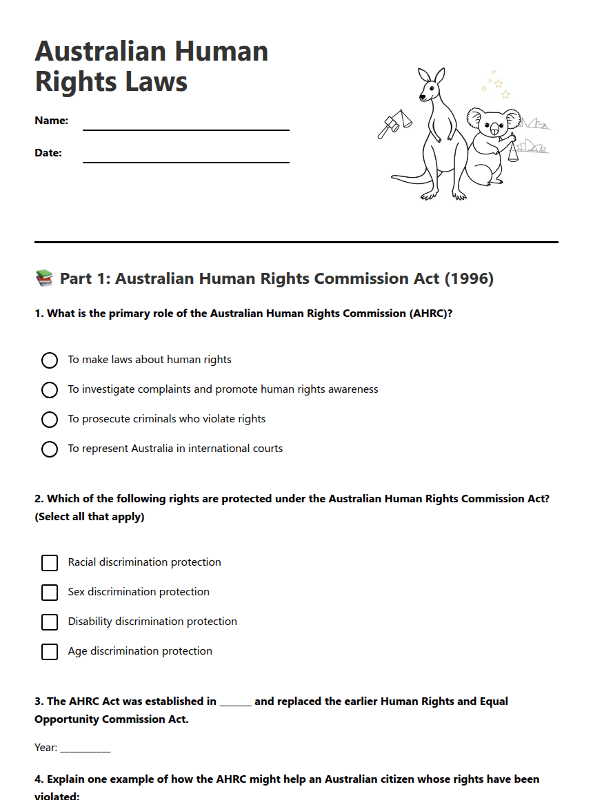 Australian Human Rights Laws worksheet preview