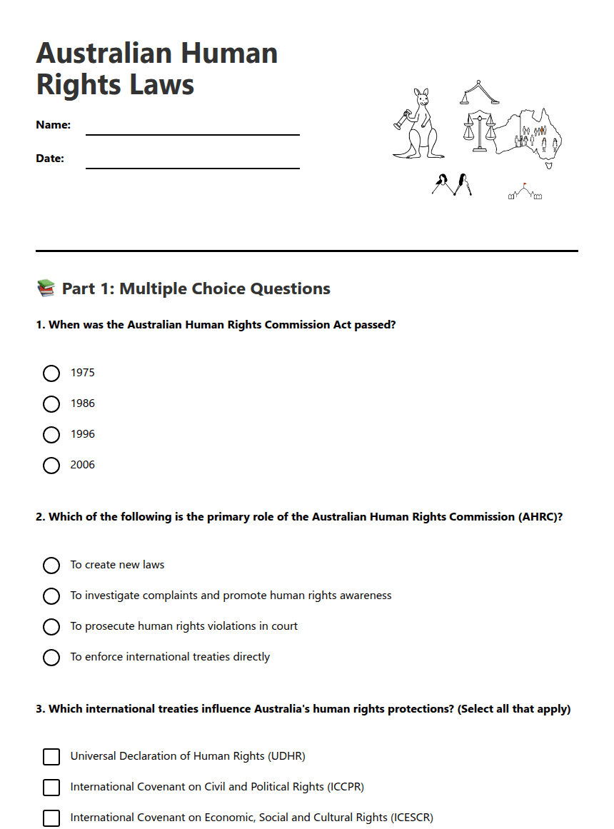 Australian Human Rights Laws worksheet preview