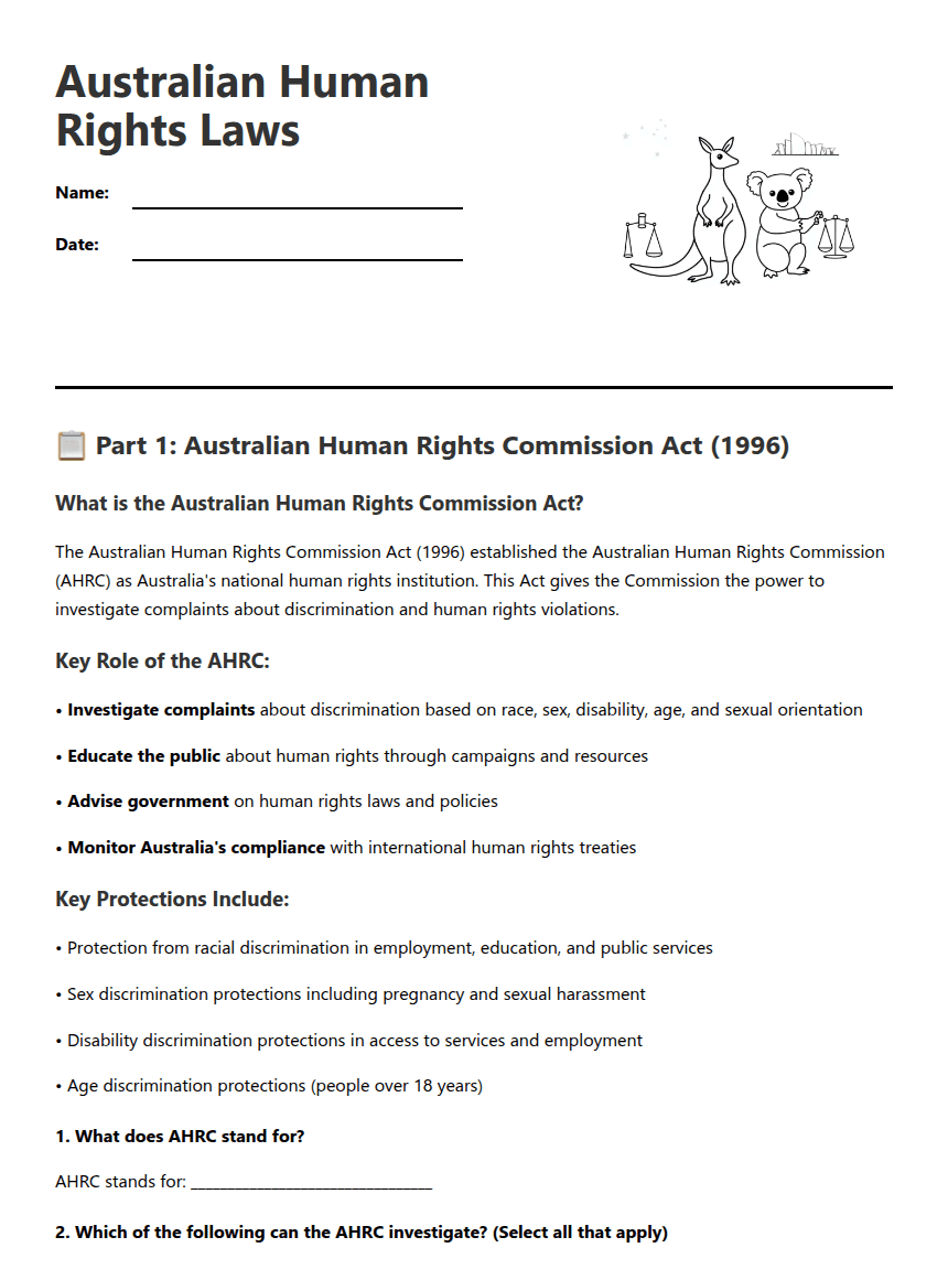 Australian Human Rights Laws worksheet preview