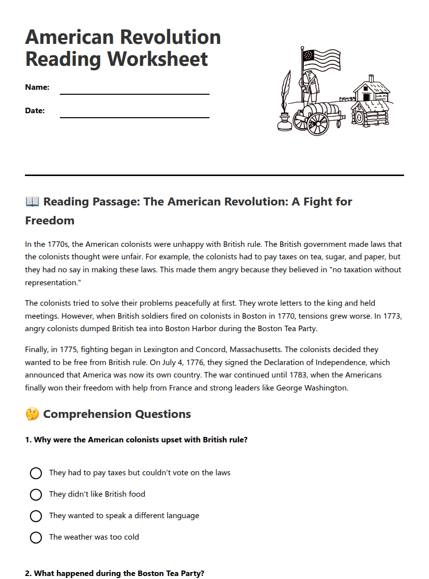 American Revolution Reading Worksheet worksheet preview