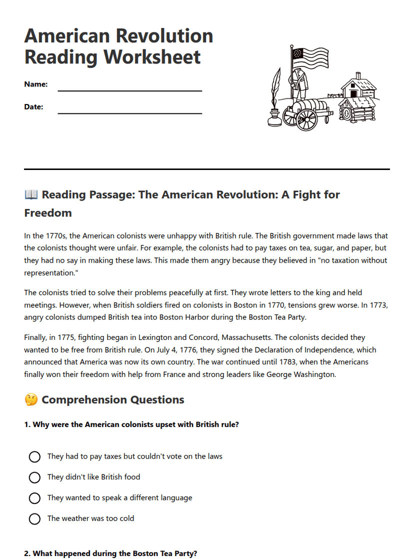 American Revolution Reading Worksheet