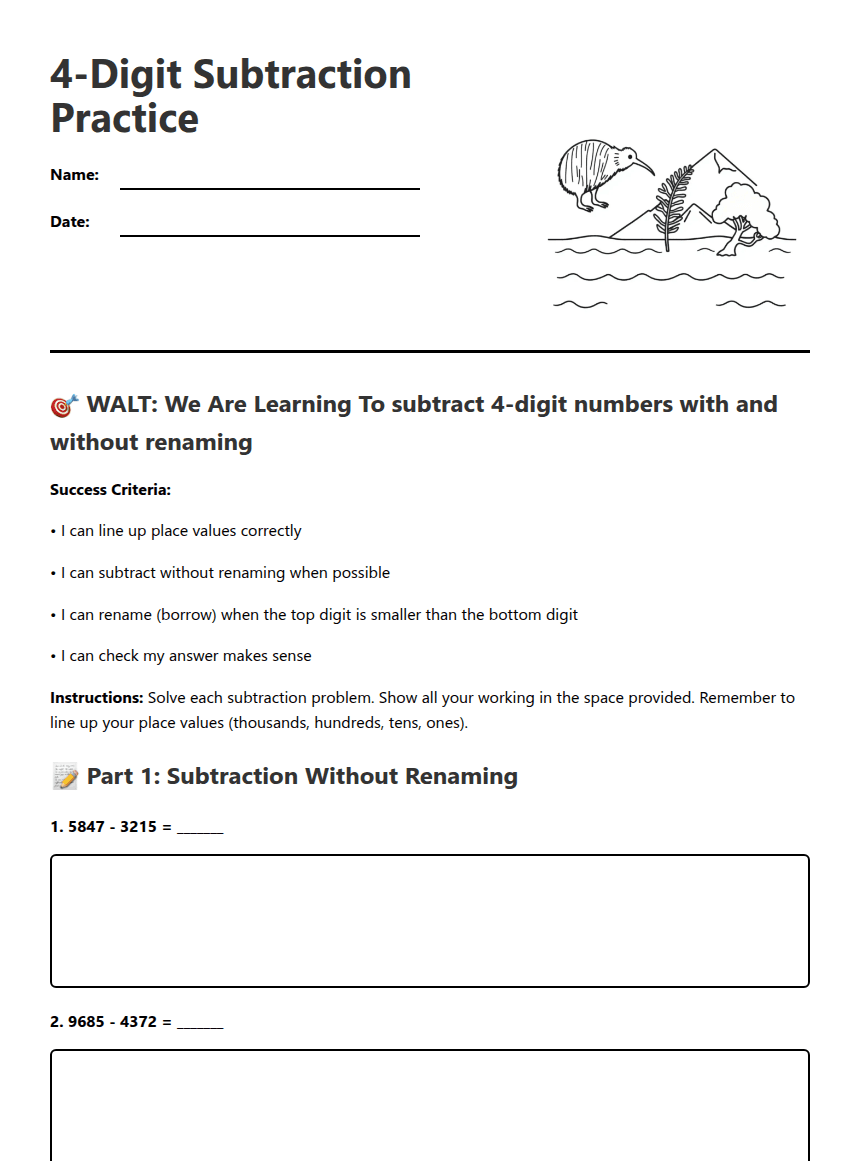 4-Digit Subtraction Practice worksheet preview