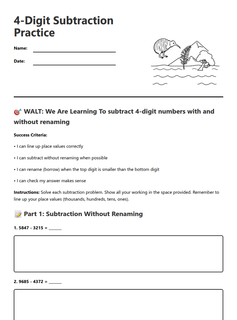 4-Digit Subtraction Practice