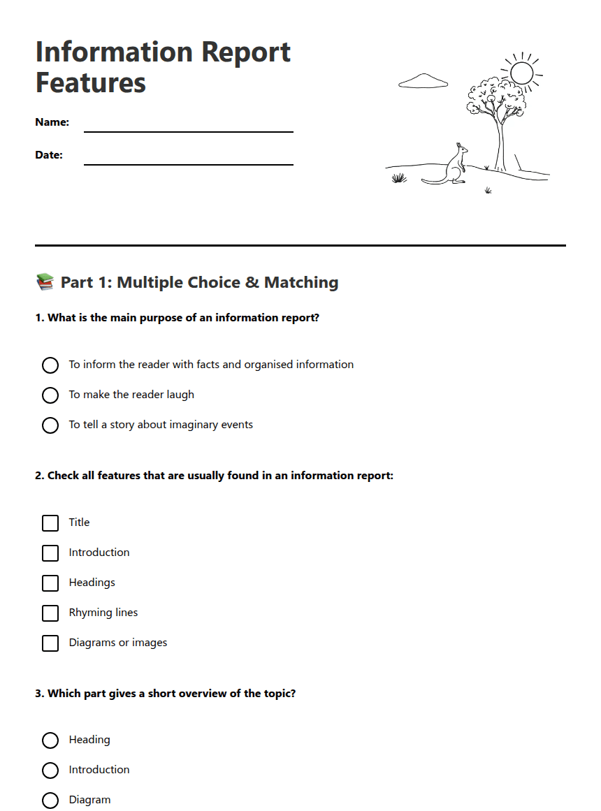 Information Report Features worksheet preview
