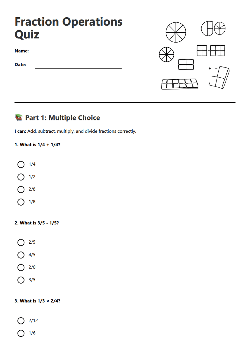 Fraction Operations Quiz