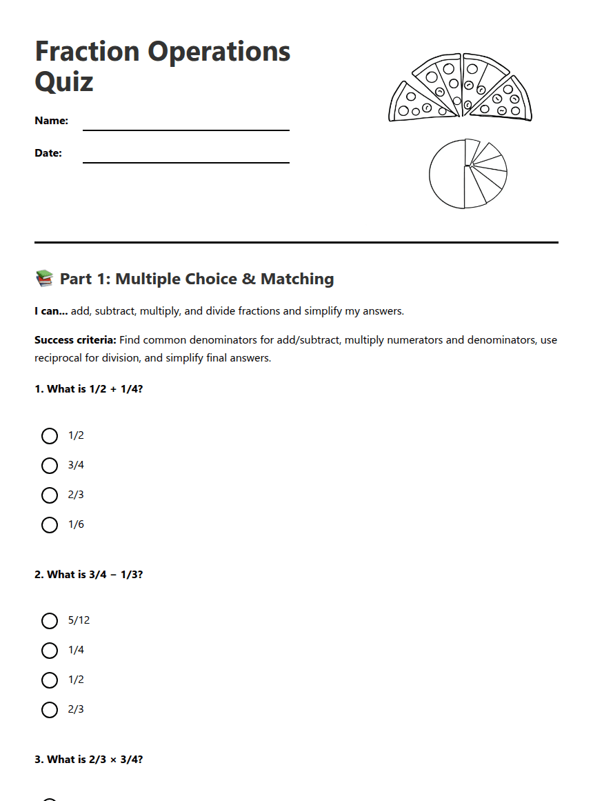 Fraction Operations Quiz worksheet preview