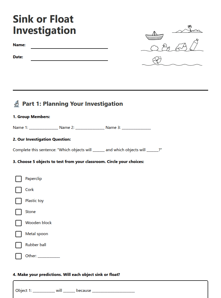 Sink or Float Investigation worksheet preview